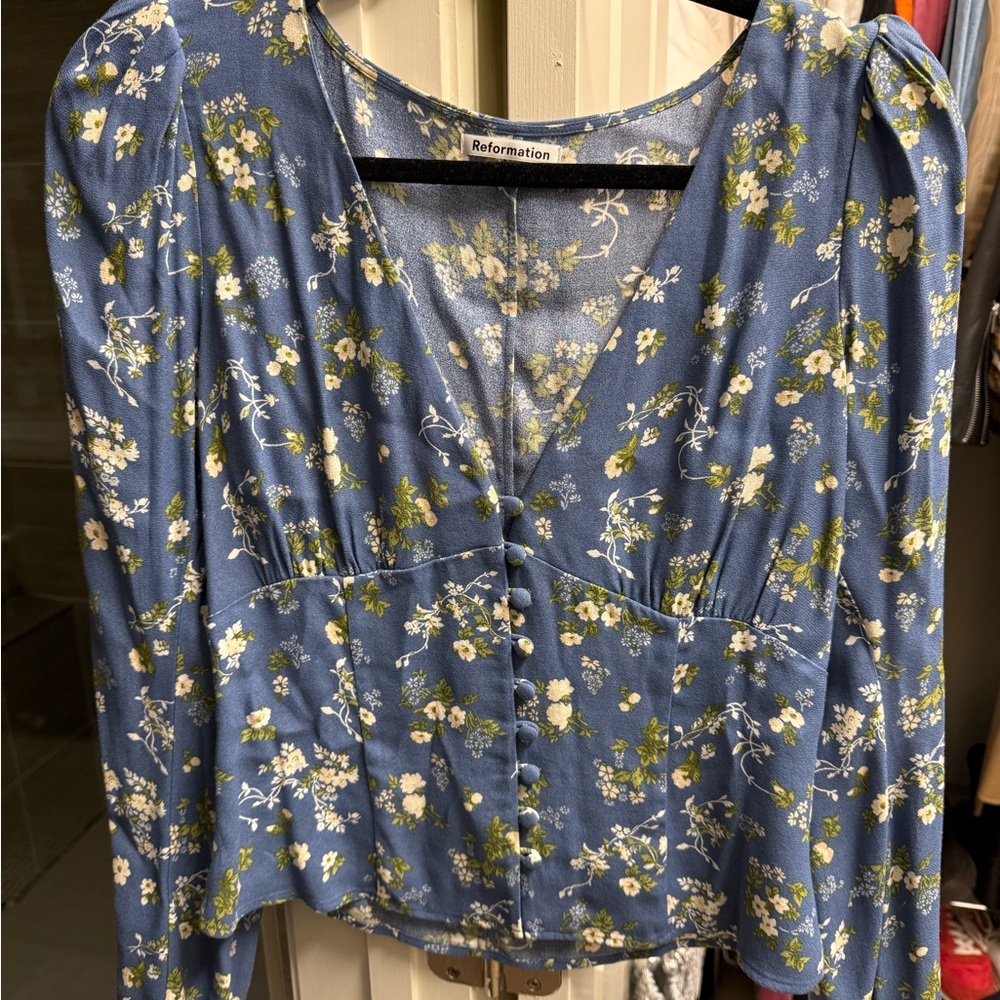 Reformation Blue Floral Button-Up Blouse